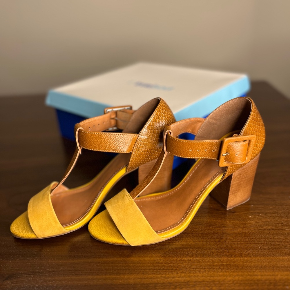 Yellow and Tan Women's Heeled Sandals